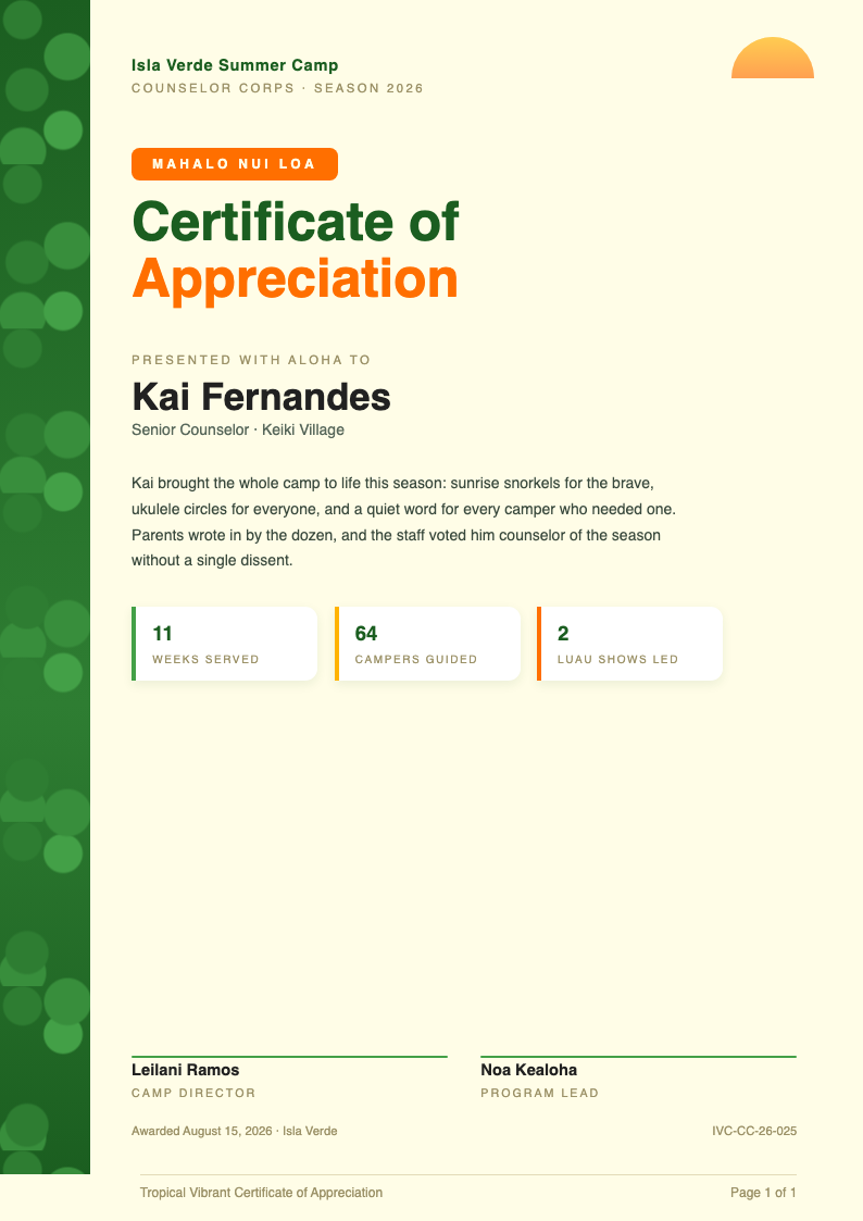 Tropical vibrant certificate